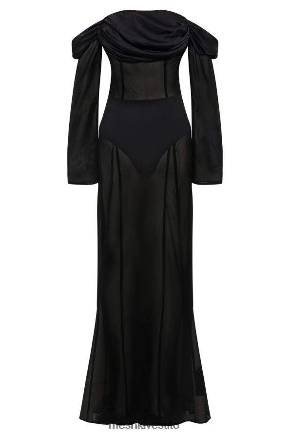 Meshki Abito lungo Ivanna in chiffon con spalle scoperte vestiario nero 6L048P55