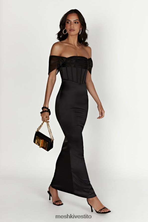 Meshki Everly maxi abito in raso di organza con spalle scoperte vestiario nero 6L048P430