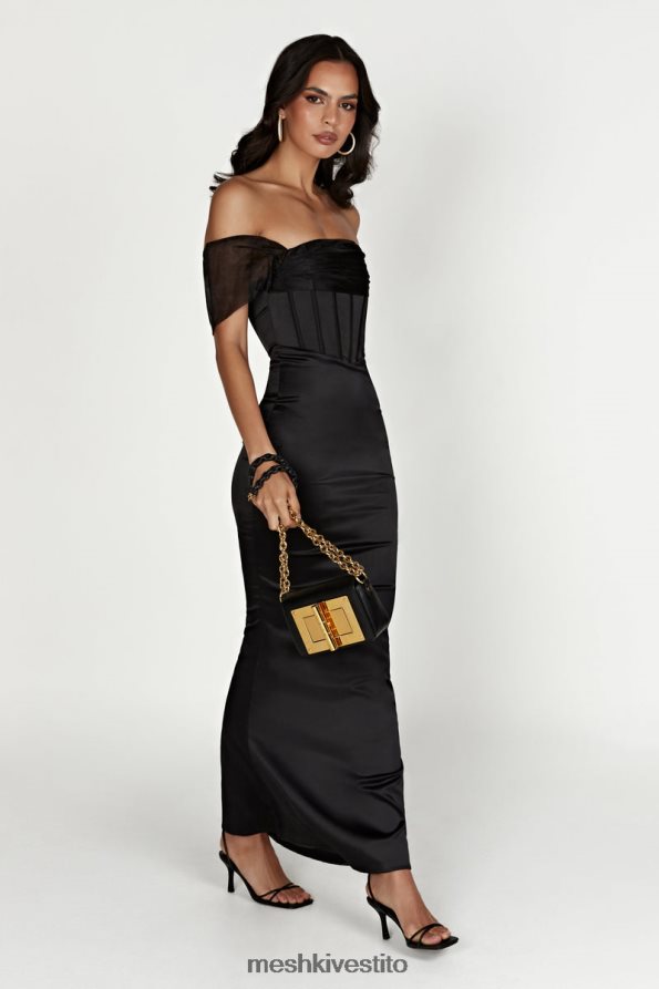 Meshki Everly maxi abito in raso di organza con spalle scoperte vestiario nero 6L048P430