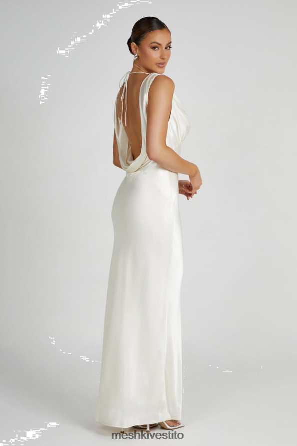 Meshki maxi abito angelique in raso con cappuccio sul retro vestiario avorio 6L048P53