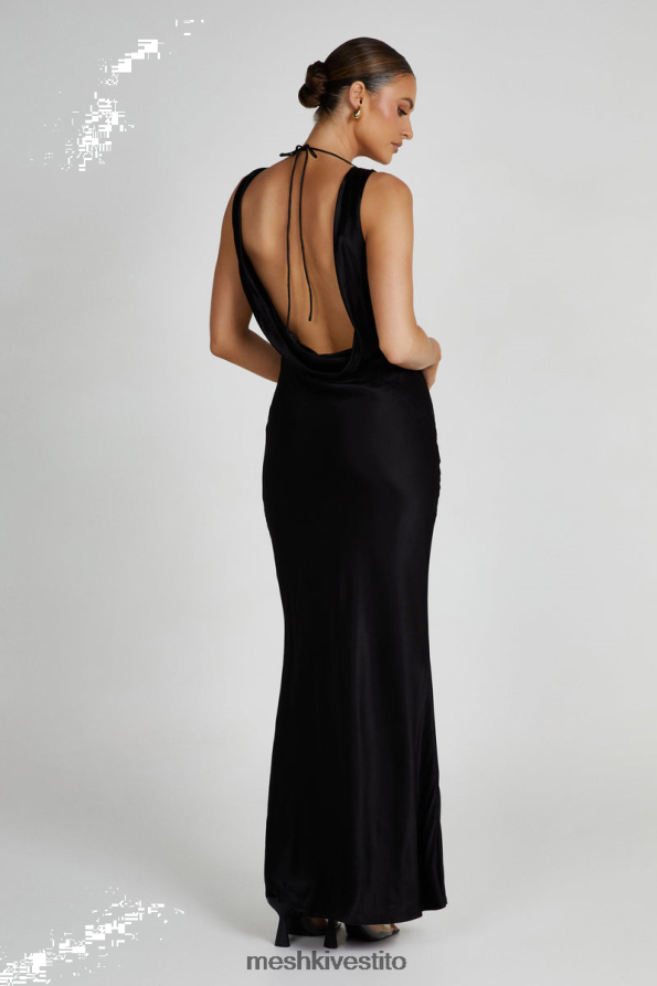 Meshki maxi abito angelique in raso con cappuccio sul retro vestiario nero 6L048P92