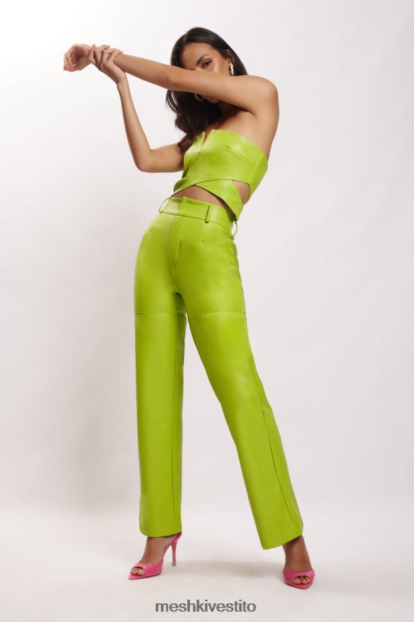 Meshki pantaloni a vita alta sima in ecopelle vestiario verde lime 6L048P1601